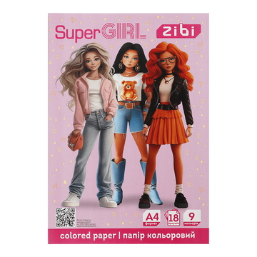 Папір кольоровий А4, 18 аркушів, 9 кольорів, 45 г/м2, Zibi Super Girl (ZB.1900-10) ZB.1900-10 фото